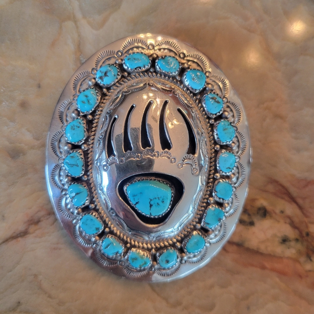 Wilburt Muskett Navajo Turquoise and Silver Bear Paw Shadowbox Belt Buckle